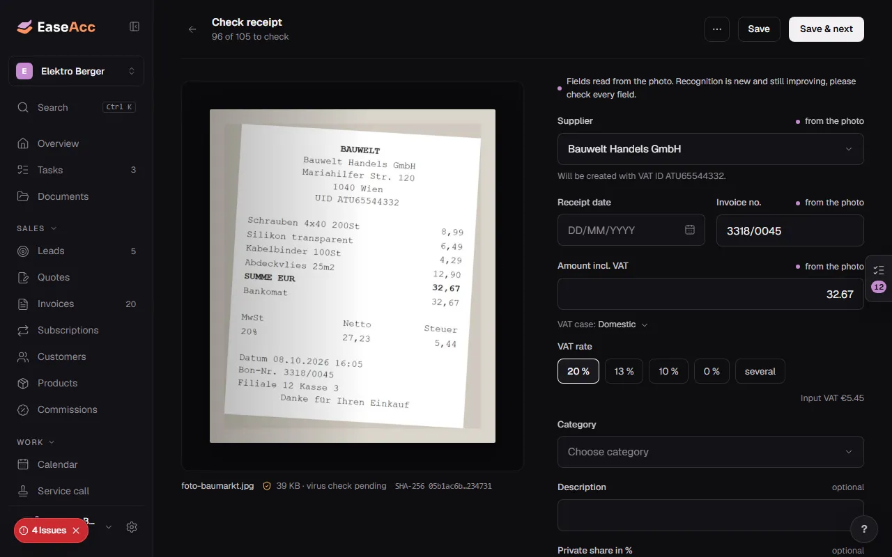 Checking a receipt: fields read from the photo